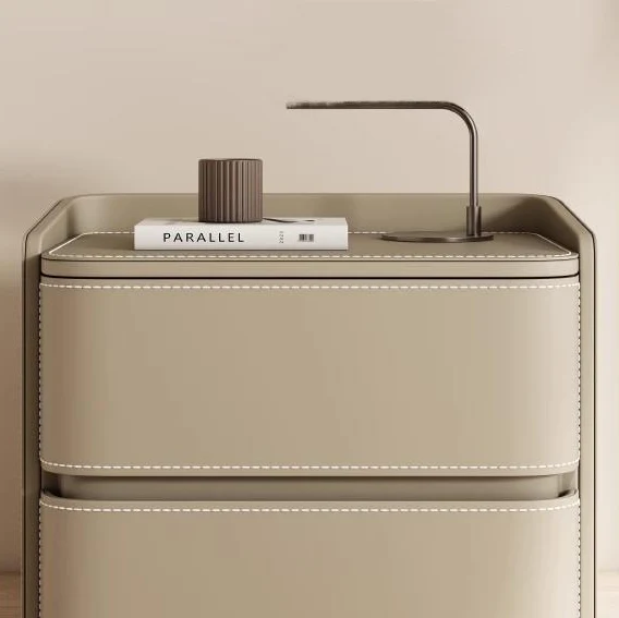Contemporary Creative Saddle-Style Faux Leather Pine Wood Rounded Square Nightstand With 2 Drawers For Bedroom