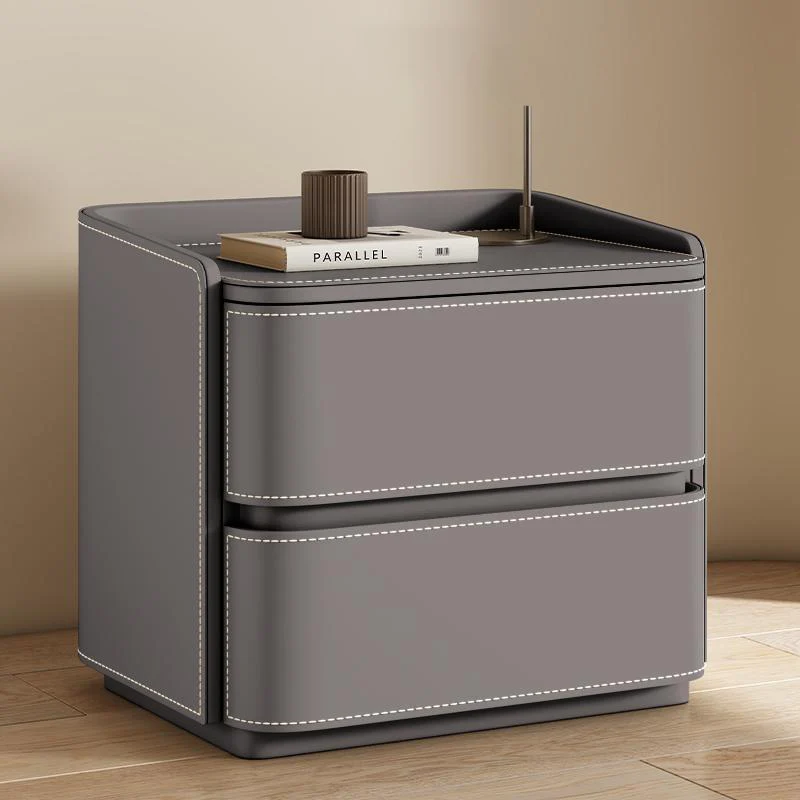 Contemporary Creative Saddle-Style Faux Leather Pine Wood Rounded Square Nightstand With 2 Drawers For Bedroom