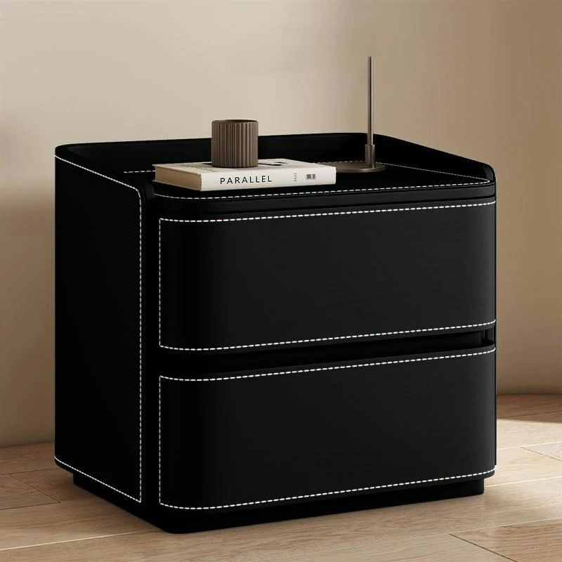 Contemporary Creative Saddle-Style Faux Leather Pine Wood Rounded Square Nightstand With 2 Drawers For Bedroom