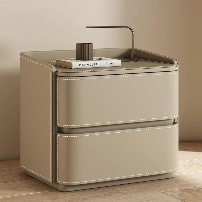 Contemporary Creative Saddle-Style Faux Leather Pine Wood Rounded Square Nightstand With 2 Drawers For Bedroom