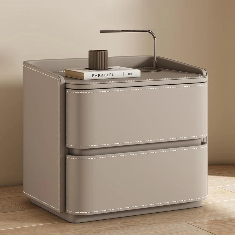 Contemporary Creative Saddle-Style Faux Leather Pine Wood Rounded Square Nightstand With 2 Drawers For Bedroom