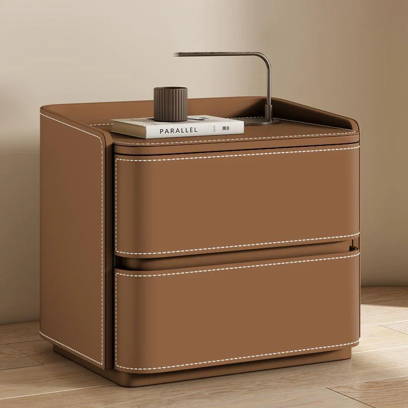 Contemporary Creative Saddle-Style Faux Leather Pine Wood Rounded Square Nightstand With 2 Drawers For Bedroom