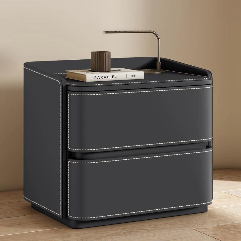 Contemporary Creative Saddle-Style Faux Leather Pine Wood Rounded Square Nightstand With 2 Drawers For Bedroom