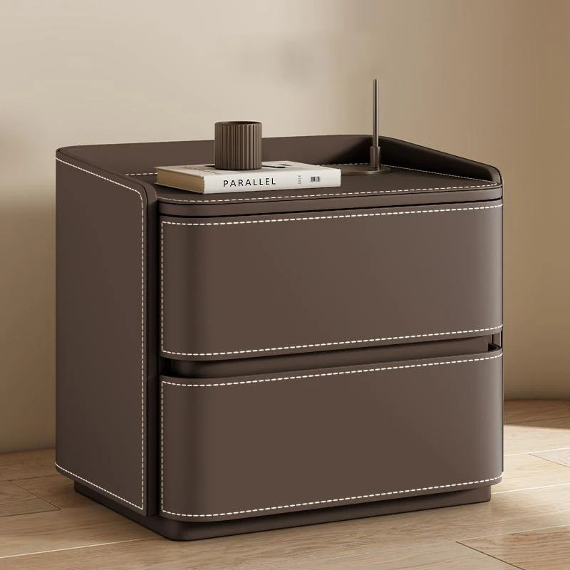 Contemporary Creative Saddle-Style Faux Leather Pine Wood Rounded Square Nightstand With 2 Drawers For Bedroom