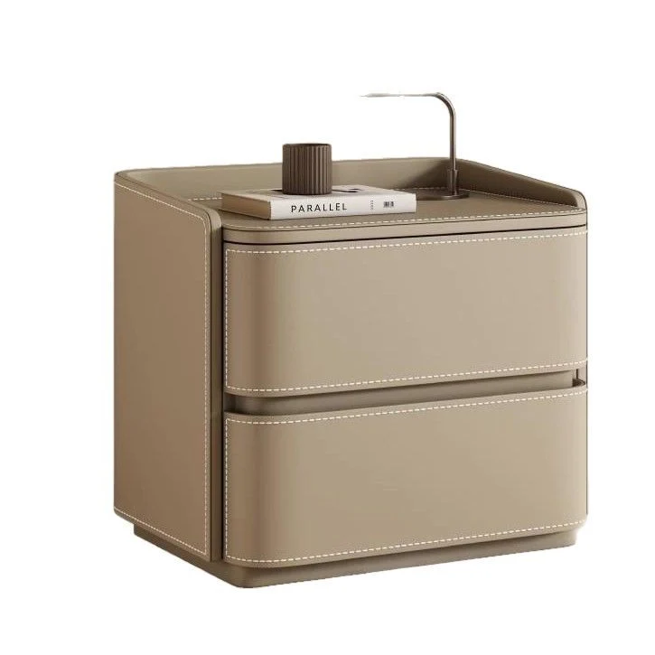 Contemporary Creative Saddle-Style Faux Leather Pine Wood Rounded Square Nightstand With 2 Drawers For Bedroom