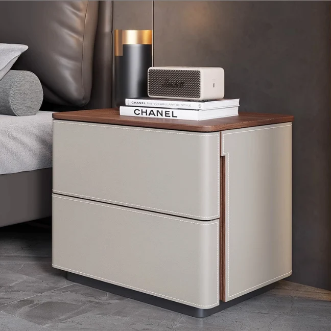 Modern Luxury Saddle-Style Faux Leather Solid Wood Rounded Square Nightstand With 2 Drawers For Bedroom