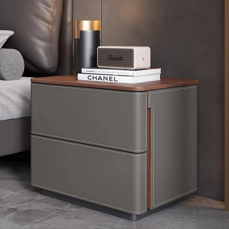 Modern Luxury Saddle-Style Faux Leather Solid Wood Rounded Square Nightstand With 2 Drawers For Bedroom