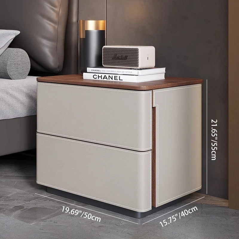 Modern Luxury Saddle-Style Faux Leather Solid Wood Rounded Square Nightstand With 2 Drawers For Bedroom