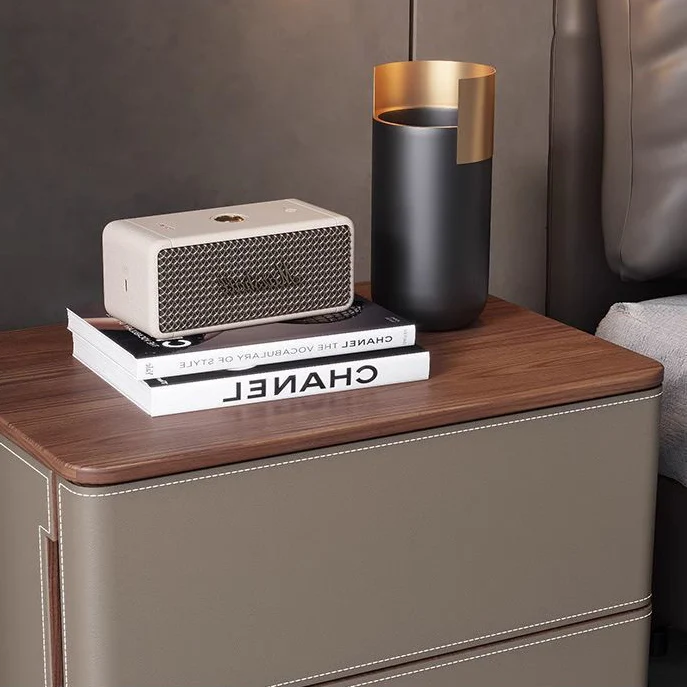 Modern Luxury Saddle-Style Faux Leather Solid Wood Rounded Square Nightstand With 2 Drawers For Bedroom