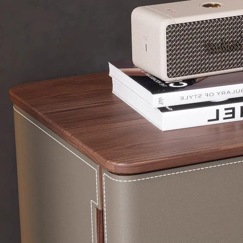 Modern Luxury Saddle-Style Faux Leather Solid Wood Rounded Square Nightstand With 2 Drawers For Bedroom