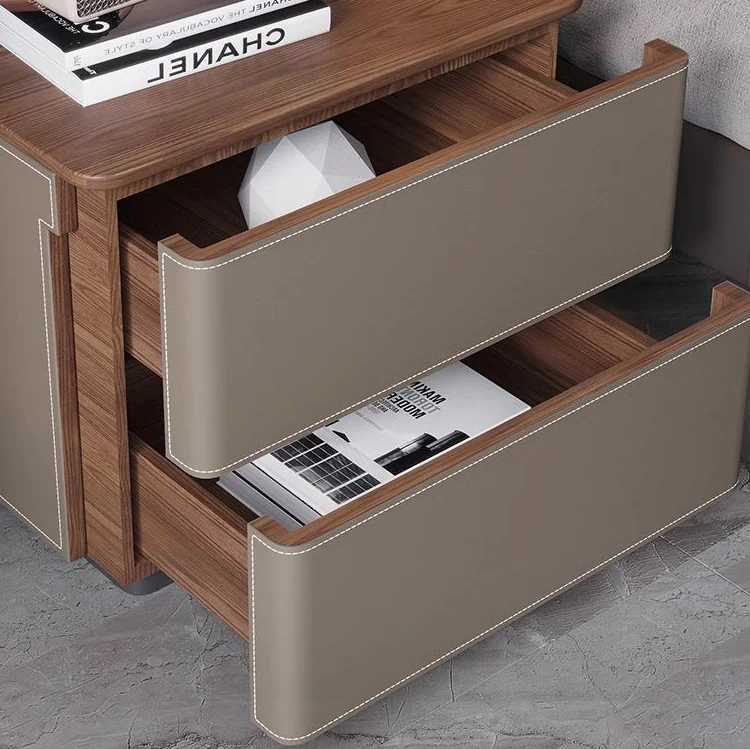 Modern Luxury Saddle-Style Faux Leather Solid Wood Rounded Square Nightstand With 2 Drawers For Bedroom