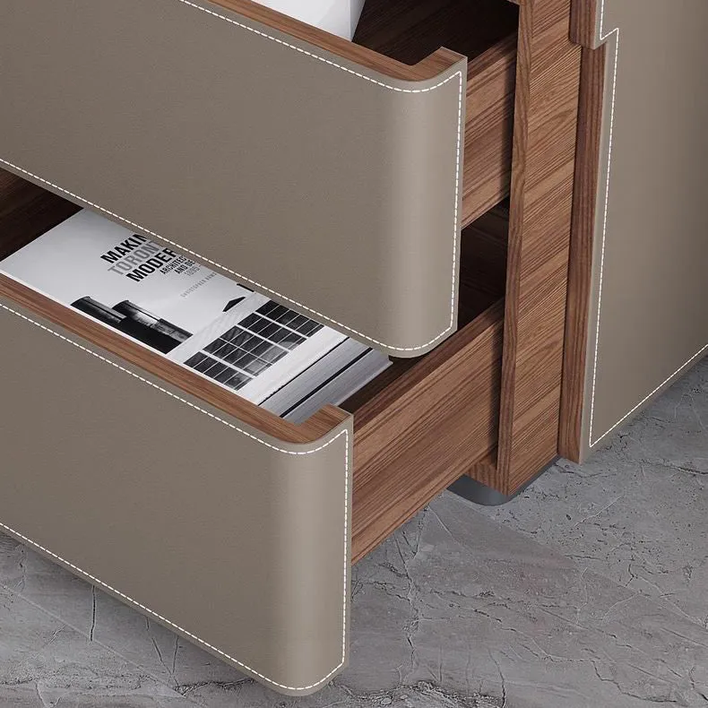 Modern Luxury Saddle-Style Faux Leather Solid Wood Rounded Square Nightstand With 2 Drawers For Bedroom