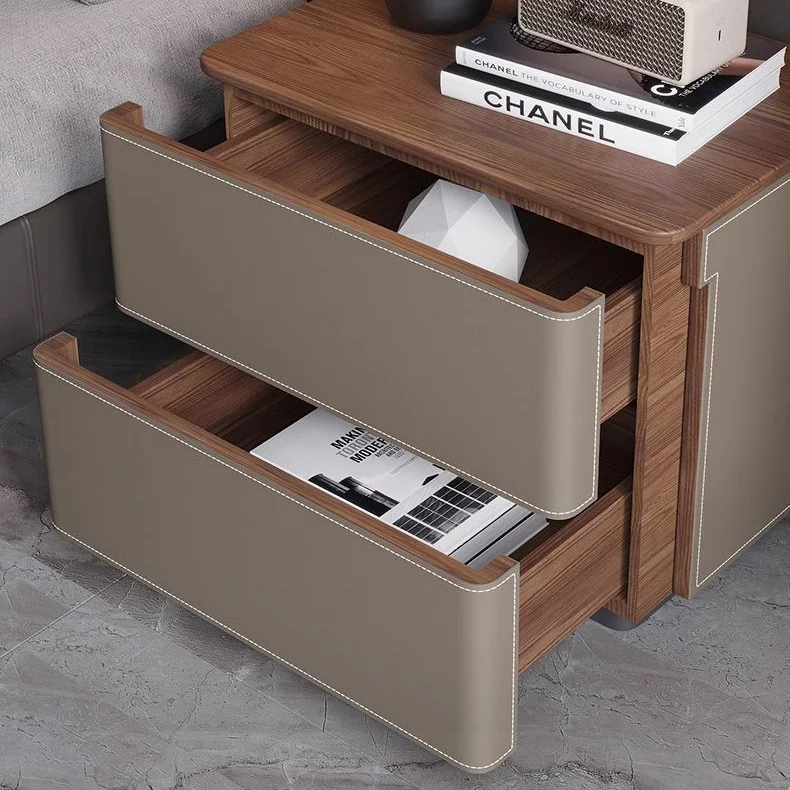 Modern Luxury Saddle-Style Faux Leather Solid Wood Rounded Square Nightstand With 2 Drawers For Bedroom