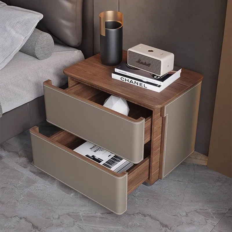 Modern Luxury Saddle-Style Faux Leather Solid Wood Rounded Square Nightstand With 2 Drawers For Bedroom