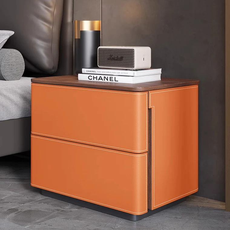 Modern Luxury Saddle-Style Faux Leather Solid Wood Rounded Square Nightstand With 2 Drawers For Bedroom