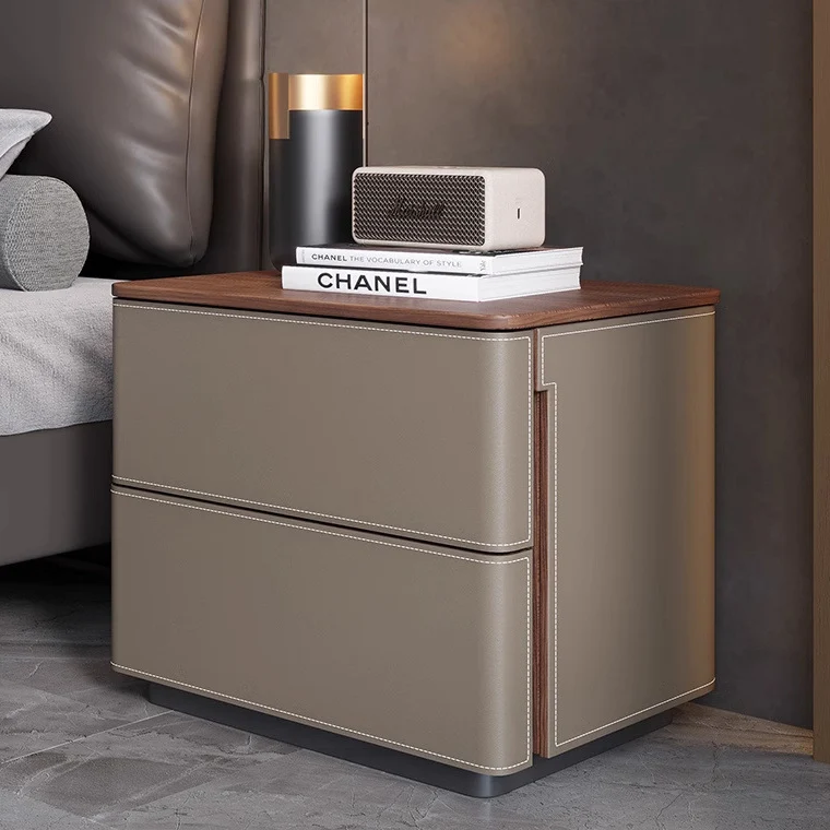 Modern Luxury Saddle-Style Faux Leather Solid Wood Rounded Square Nightstand With 2 Drawers For Bedroom