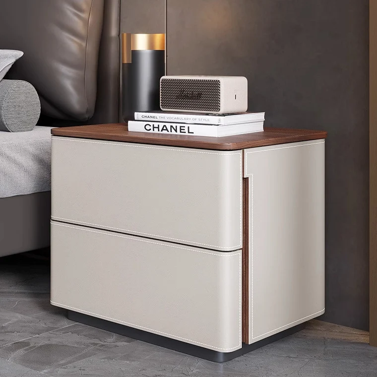 Modern Luxury Saddle-Style Faux Leather Solid Wood Rounded Square Nightstand With 2 Drawers For Bedroom