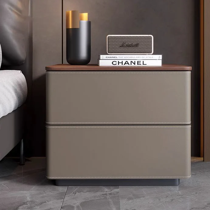 Modern Luxury Saddle-Style Faux Leather Solid Wood Rounded Square Nightstand With 2 Drawers For Bedroom