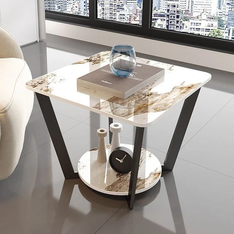 Contemporary Nordic Round Square Iron Rock Slab Side Table 2-Tier For Living Room