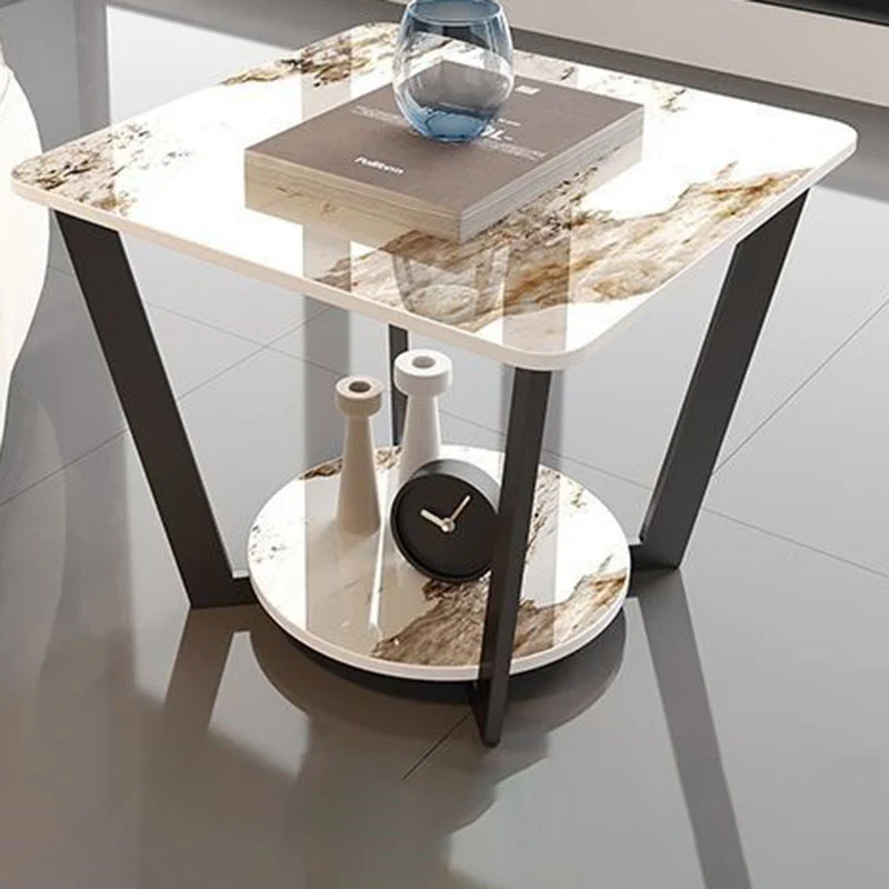 Contemporary Nordic Round Square Iron Rock Slab Side Table 2-Tier For Living Room