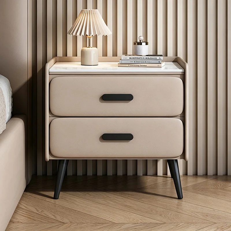 Contemporary Scandinavian Sintered Stone Scratch-Resistant Pet-Friendly Leather Plywood Carbon Steel Pine Rounded Rectangle Nightstand With 2 Drawers For Bedroom
