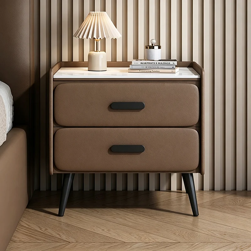 Contemporary Scandinavian Sintered Stone Scratch-Resistant Pet-Friendly Leather Plywood Carbon Steel Pine Rounded Rectangle Nightstand With 2 Drawers For Bedroom