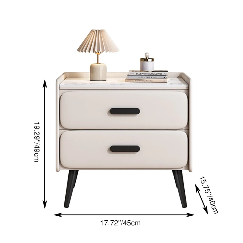 Contemporary Scandinavian Sintered Stone Scratch-Resistant Pet-Friendly Leather Plywood Carbon Steel Pine Rounded Rectangle Nightstand With 2 Drawers For Bedroom
