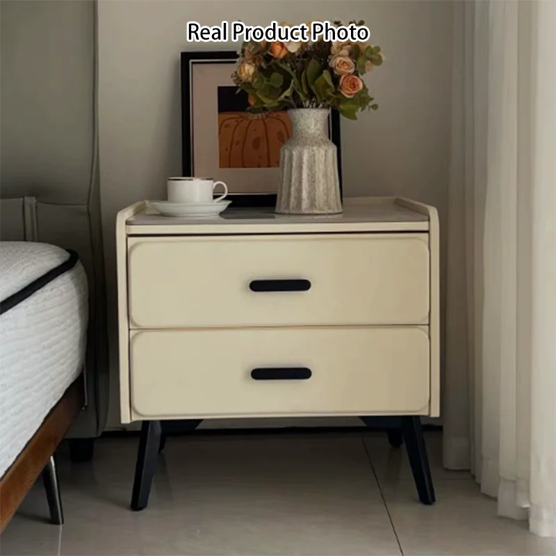 Contemporary Scandinavian Sintered Stone Scratch-Resistant Pet-Friendly Leather Plywood Carbon Steel Pine Rounded Rectangle Nightstand With 2 Drawers For Bedroom