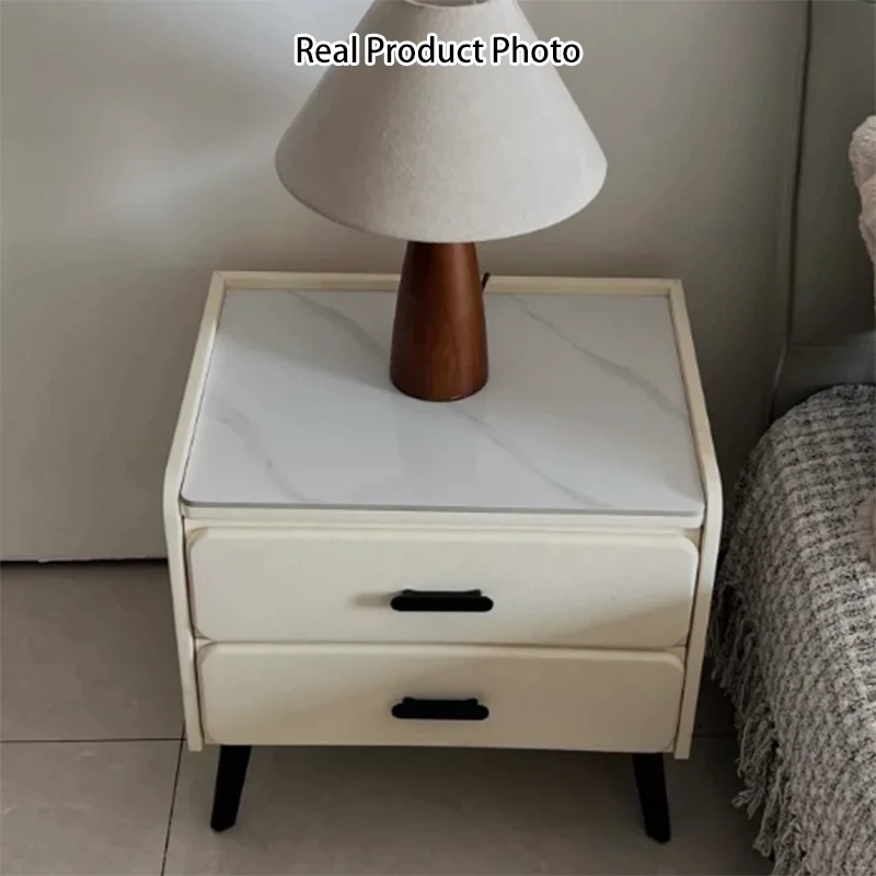 Contemporary Scandinavian Sintered Stone Scratch-Resistant Pet-Friendly Leather Plywood Carbon Steel Pine Rounded Rectangle Nightstand With 2 Drawers For Bedroom