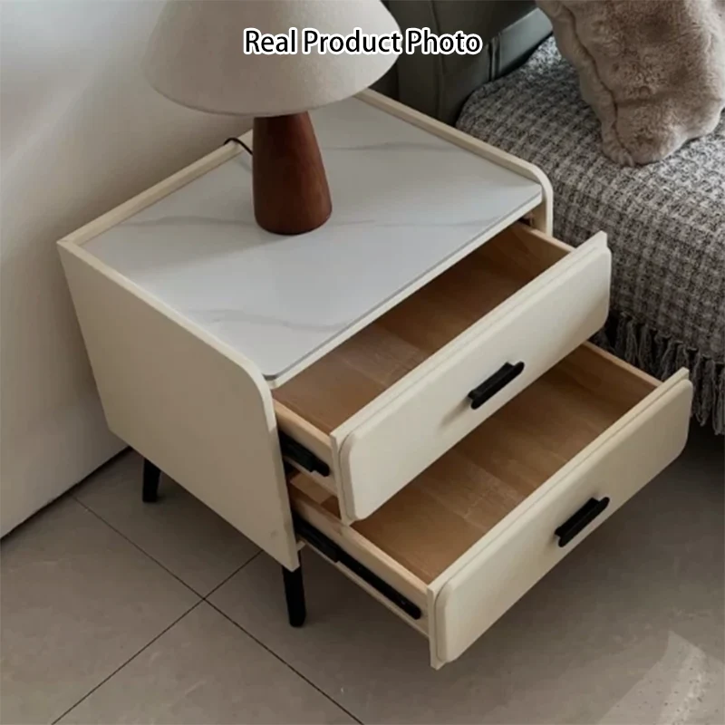 Contemporary Scandinavian Sintered Stone Scratch-Resistant Pet-Friendly Leather Plywood Carbon Steel Pine Rounded Rectangle Nightstand With 2 Drawers For Bedroom