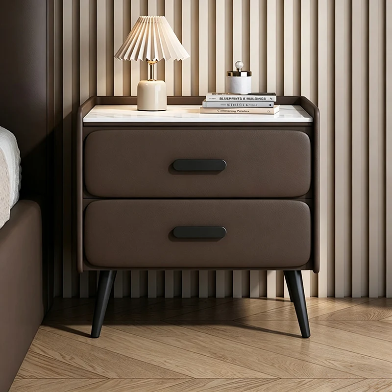 Contemporary Scandinavian Sintered Stone Scratch-Resistant Pet-Friendly Leather Plywood Carbon Steel Pine Rounded Rectangle Nightstand With 2 Drawers For Bedroom