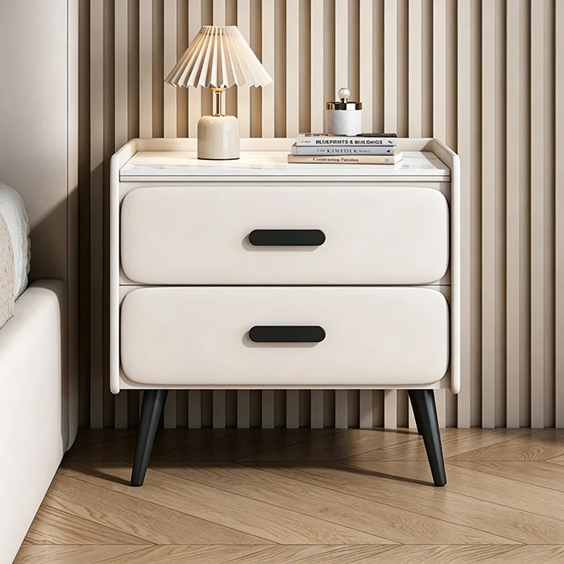 Contemporary Scandinavian Sintered Stone Scratch-Resistant Pet-Friendly Leather Plywood Carbon Steel Pine Rounded Rectangle Nightstand With 2 Drawers For Bedroom