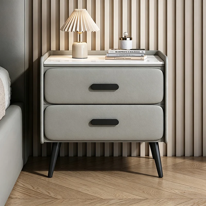 Contemporary Scandinavian Sintered Stone Scratch-Resistant Pet-Friendly Leather Plywood Carbon Steel Pine Rounded Rectangle Nightstand With 2 Drawers For Bedroom