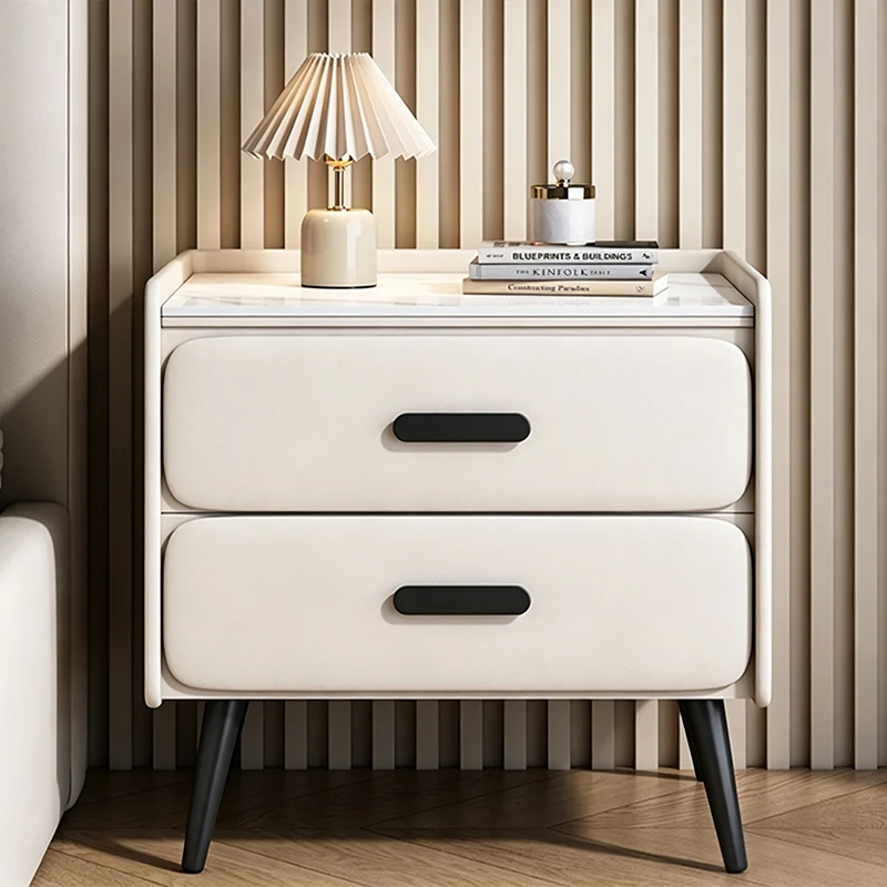 Contemporary Scandinavian Sintered Stone Scratch-Resistant Pet-Friendly Leather Plywood Carbon Steel Pine Rounded Rectangle Nightstand With 2 Drawers For Bedroom