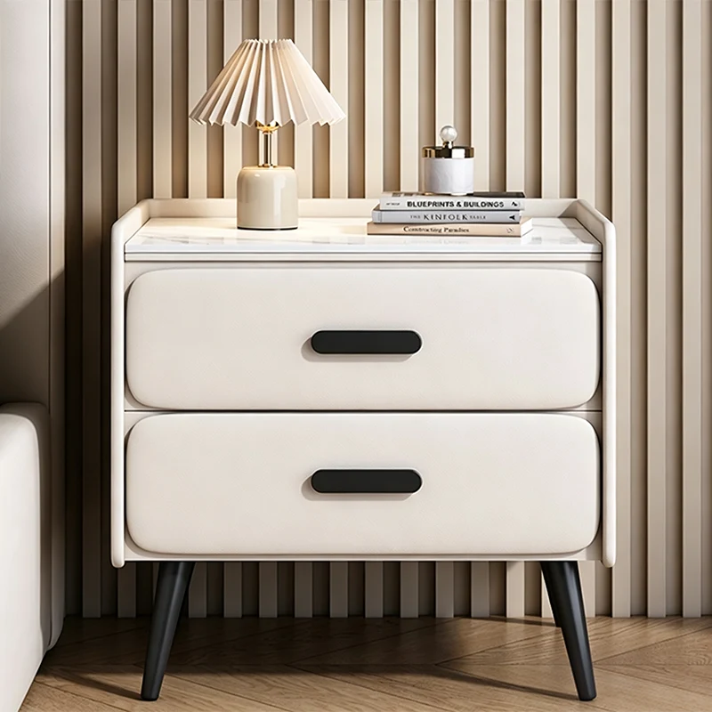 Contemporary Scandinavian Sintered Stone Scratch-Resistant Pet-Friendly Leather Plywood Carbon Steel Pine Rounded Rectangle Nightstand With 2 Drawers For Bedroom