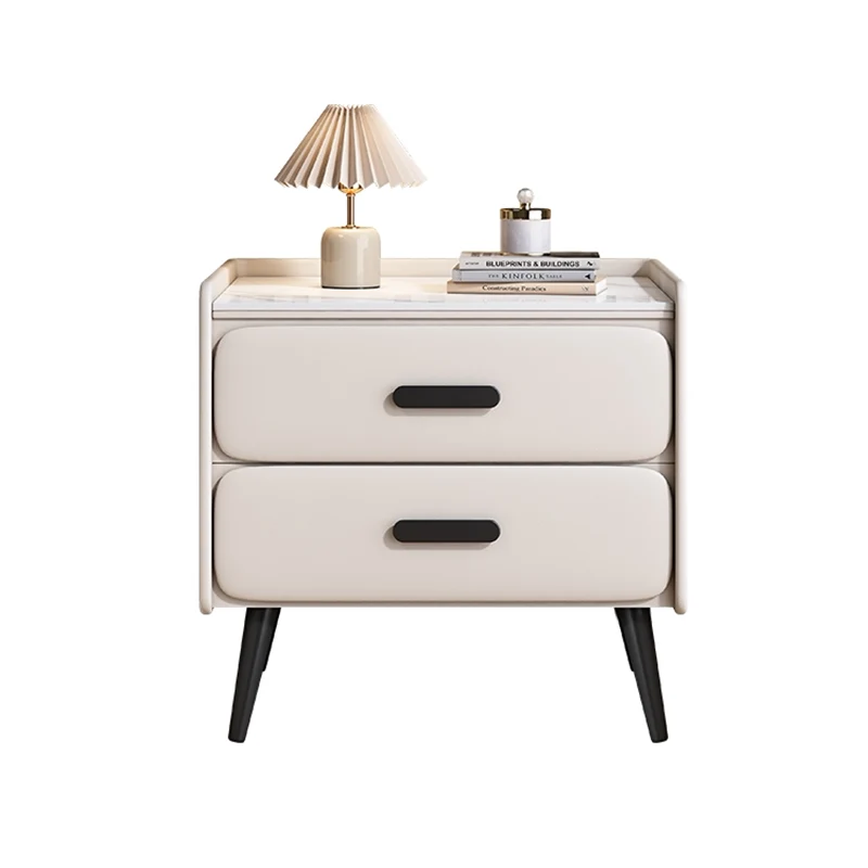 Contemporary Scandinavian Sintered Stone Scratch-Resistant Pet-Friendly Leather Plywood Carbon Steel Pine Rounded Rectangle Nightstand With 2 Drawers For Bedroom
