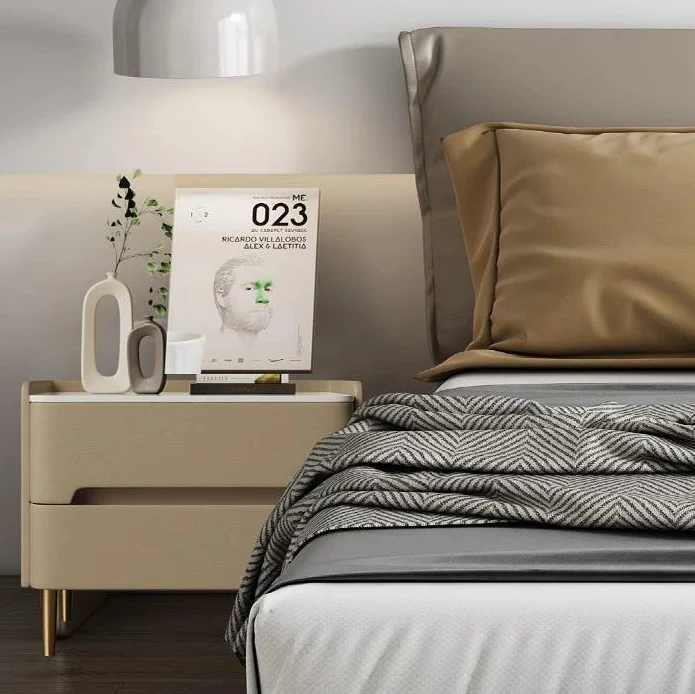 Contemporary Scandinavian Sintered Stone Cat-Scratch Leather MDF Stainless Steel Rounded Square Cylinder Nightstand With 2 Drawers For Bedroom