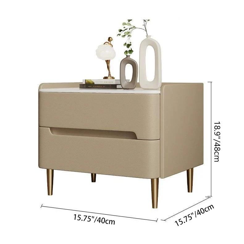 Contemporary Scandinavian Sintered Stone Cat-Scratch Leather MDF Stainless Steel Rounded Square Cylinder Nightstand With 2 Drawers For Bedroom