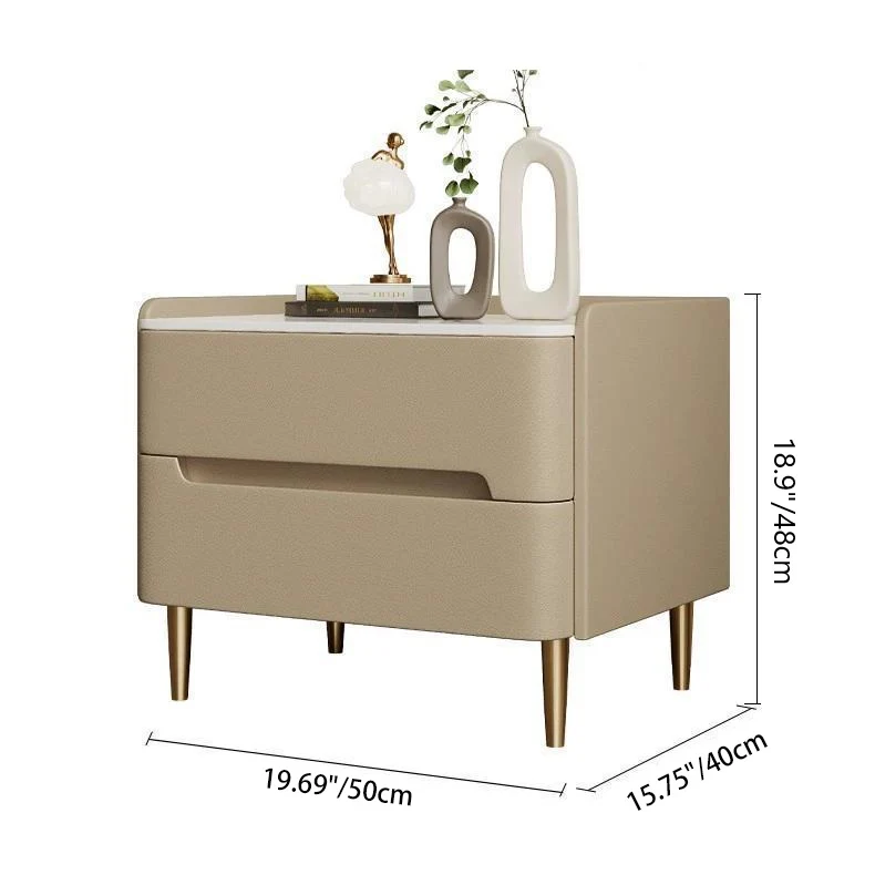 Contemporary Scandinavian Sintered Stone Cat-Scratch Leather MDF Stainless Steel Rounded Square Cylinder Nightstand With 2 Drawers For Bedroom