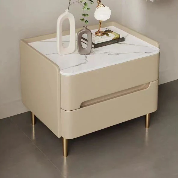 Contemporary Scandinavian Sintered Stone Cat-Scratch Leather MDF Stainless Steel Rounded Square Cylinder Nightstand With 2 Drawers For Bedroom