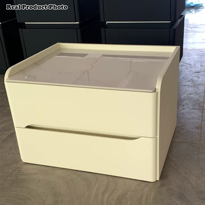 Contemporary Scandinavian Sintered Stone Cat-Scratch Leather MDF Stainless Steel Rounded Square Cylinder Nightstand With 2 Drawers For Bedroom