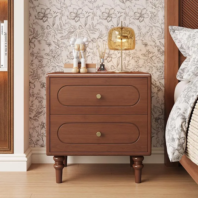 Traditional Chinese Pine Wood Plywood Rubberwood Rounded Square Cylinder Nightstand With 2 Drawers For Bedroom