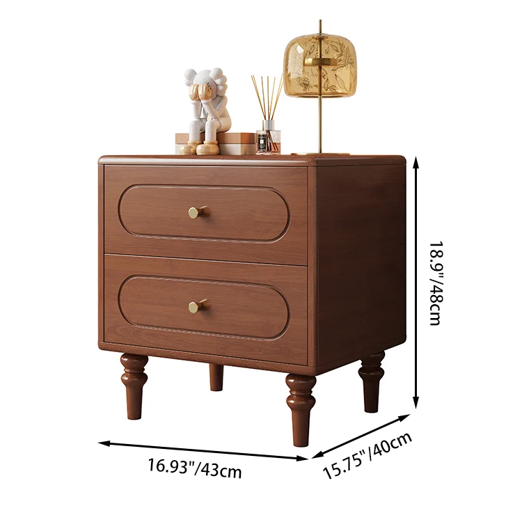 Traditional Chinese Pine Wood Plywood Rubberwood Rounded Square Cylinder Nightstand With 2 Drawers For Bedroom