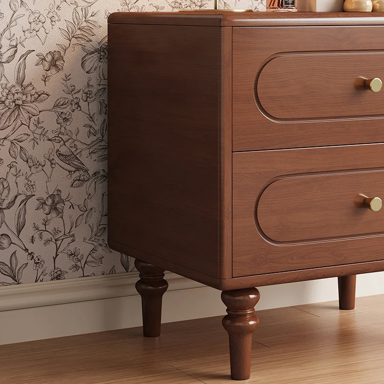 Traditional Chinese Pine Wood Plywood Rubberwood Rounded Square Cylinder Nightstand With 2 Drawers For Bedroom