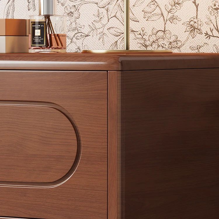 Traditional Chinese Pine Wood Plywood Rubberwood Rounded Square Cylinder Nightstand With 2 Drawers For Bedroom