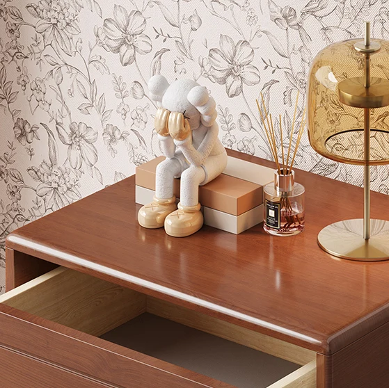 Traditional Chinese Pine Wood Plywood Rubberwood Rounded Square Cylinder Nightstand With 2 Drawers For Bedroom