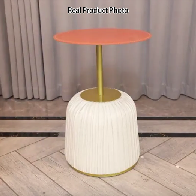 Contemporary Nordic Cylindrical Round PU Leather Glass Metal End Table 1-Tier For Living Room