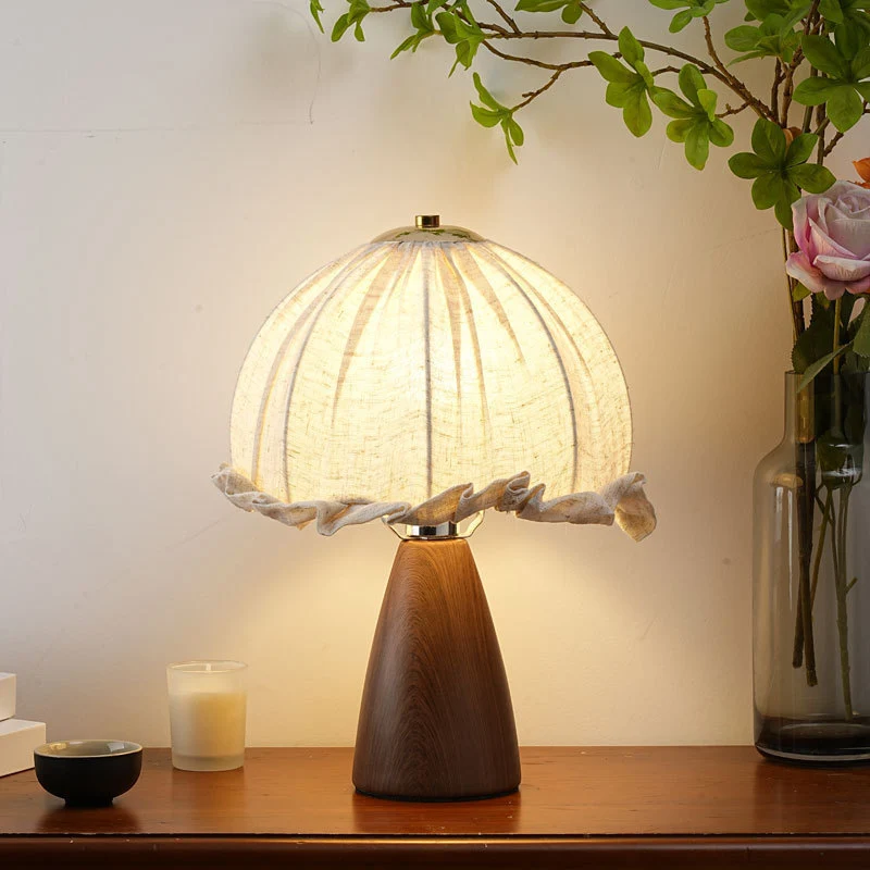 Traditional Rustic Dome Iron Walnut Wood Fabric 1-Light Table Lamp For Bedroom