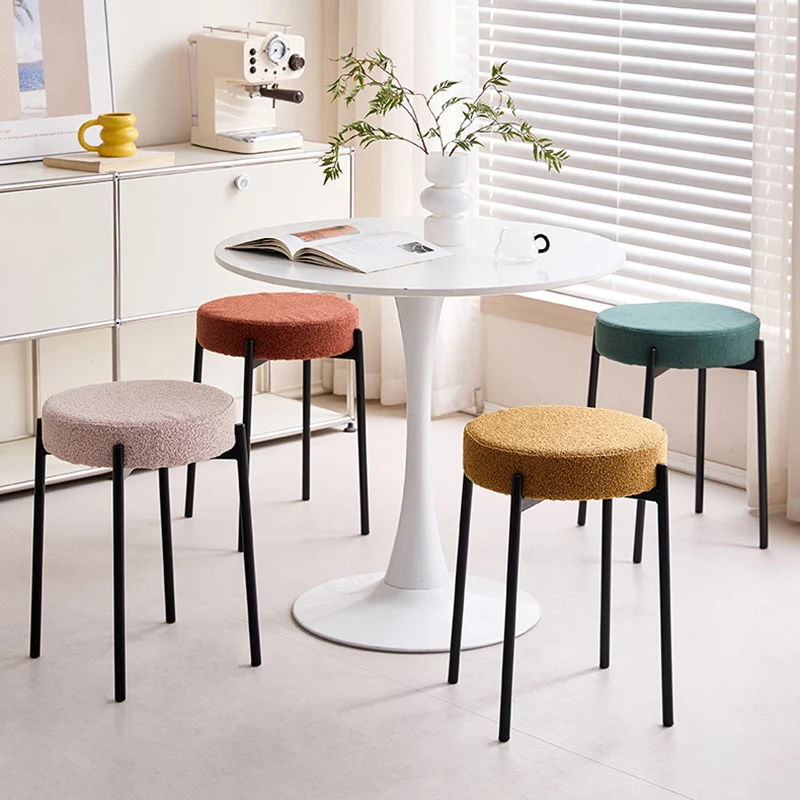 Contemporary Scandinavian Iron Cotton Linen Round Vanity Stool Armless For Bedroom
