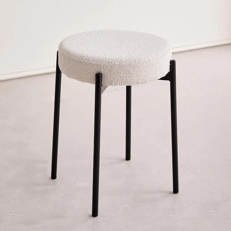 Contemporary Scandinavian Iron Cotton Linen Round Vanity Stool Armless For Bedroom
